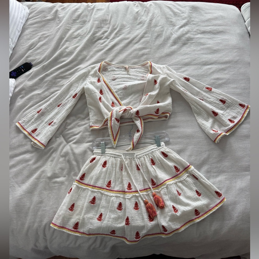 Women's White Embroidered Tie-Front Top and Skirt Set - Red Accents